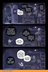 1boy 1girl absurdres ass black_skin breast_press breasts colored_skin cumbread doggystyle english_text grabbing_from_behind highres hollow_knight iselda_(hollow_knight) knight_(hollow_knight) large_breasts looking_at_viewer nipples sex sex_from_behind size_difference speech_bubble trembling white_skin