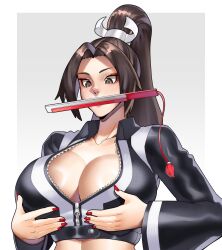 1girl absurdres black_jacket black_jumpsuit breast_zipper breasts brown_eyes brown_hair cleavage cropped_jacket fatal_fury fatal_fury:_city_of_the_wolves hand_fan high_ponytail highres holding holding_fan jacket jumpsuit large_breasts long_hair looking_at_viewer mouth_hold official_alternate_costume ponytail shiranui_mai simple_background snk solo street_fighter street_fighter_6 the_king_of_fighters whysoblau