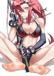 1girl absurdres asymmetrical_gloves bare_legs barefoot belt bikini black_bikini black_gloves black_shorts breasts closed_mouth elbow_gloves feet fingerless_gloves full_body gloves gun hair_between_eyes hair_ornament highres holding knees_apart_feet_together large_breasts looking_at_viewer maburoku navel pink_scarf ponytail red_hair rifle scarf shadow shorts sidelocks signature simple_background sitting skull_hair_ornament soles solo studded_belt swimsuit tengen_toppa_gurren_lagann thighs toes twitter_username weapon white_background yoko_littner