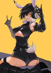 Rule 34 | 1girl, animal ear headphones, animal ears, ass cutout, boots, borrowed character, breasts, cleavage cutout, clothing cutout, commentary, detached sleeves, double fox shadow puppet, elfboiii, english commentary, fake animal ears, foot out of frame, fox shadow puppet, from behind, full body, halterneck, headphones, highres, kemonomimi mode, knee boots, leg belt, looking back, original, popped collar, rabbit ear headphones, rabbit tail, skin tight, solo, squatting, tail, twisted torso, underboob