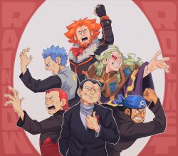 6+boys ahoge archie_(pokemon) arm_up bandana beard black_eyes black_jacket black_shirt blue_bandana blue_hair clenched_hand clenched_teeth commentary cyrus_(pokemon) facial_hair fingerless_gloves ghetsis_(pokemon) giovanni_(pokemon) gloves green_hair grey_vest grin highres jacket logo long_hair lynn_(daisiloou) lysandre_(pokemon) male_focus maxie_(pokemon) multiple_boys nintendo open_mouth orange_hair outstretched_arm pokemon pokemon_bw pokemon_dppt pokemon_frlg pokemon_rse pokemon_xy shirt short_hair smile team_rocket teeth tongue vest