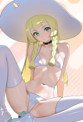 1girl absurdres bikini blonde_hair braid breasts commentary english_commentary green_eyes hat highres lillie_(pokemon) long_hair looking_at_viewer navel nintendo otokakoto pokemon pokemon_sm sitting small_breasts solo swimsuit thighhighs twin_braids white_bikini white_hat white_thighhighs