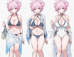 1girl bare_shoulders bikini black_bikini black_choker blue_archive blue_bikini blush breasts choker cleavage closed_mouth commentary_request covered_navel double_bun hair_between_eyes hair_bun halo hand_up highres hinata_(blue_archive) hinata_(swimsuit)_(blue_archive) kikyou_(blue_archive) kikyou_(swimsuit)_(blue_archive) large_breasts looking_at_viewer multiple_views navel one-piece_swimsuit pink_eyes pink_hair pink_halo sarong simple_background smile standing swimsuit tomoe_(blue_archive) white_background white_one-piece_swimsuit white_sarong yomizu_(rdad3278)