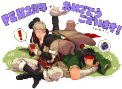 ! 2boys animal anniversary bandages bird black_hair blonde_hair boots cellphone commentary_request company_name feh_(fire_emblem_heroes) fire_emblem fire_emblem:_radiant_dawn fire_emblem_awakening fire_emblem_heroes fur-trimmed_boots fur-trimmed_sleeves fur_trim headband holding holding_phone indian_style laguz_(fire_emblem) looking_at_phone lying male_focus multiple_boys nintendo official_art on_grass on_stomach owain_(fire_emblem) owl phone red_headband scar scar_on_face short_hair sitting smartphone suekane_kumiko tibarn_(fire_emblem) translation_request wings