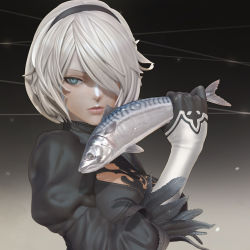 2b_(nier:automata) 3d bite_mark black_hairband blue_eyes cleavage_cutout clothing_cutout feather-trimmed_sleeves fish gloves gradient_background hairband leslyzerosix lips mackerel_(fish) nier:automata nier_(series) no_blindfold parted_lips short_hair solo white_hair