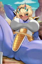 Rule 34 | 1girl, absurdres, arm up, armor, barghest (fate), blonde hair, blue bodysuit, blue sky, blush, bodysuit, breasts, cosplay, dragon ball, dragonball z, fate/grand order, fate (series), gloves, green eyes, heterochromia, highres, horns, large breasts, long hair, looking at viewer, pauldrons, raskasar, red eyes, saiyan armor, shoulder armor, sky, solo, spread legs, thick thighs, thighs, vegeta, vegeta (cosplay), white gloves