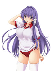 Rule 34 | 1girl, arm behind back, bow, breasts, buruma, clannad, commentary request, cowboy shot, eyes visible through hair, fujibayashi kyou, gym uniform, hair between eyes, hair bow, hair intakes, hair ribbon, hand up, highres, large breasts, long hair, looking at viewer, nonaka ritsu, open mouth, paid reward available, purple eyes, purple hair, red buruma, ribbon, shirt, short sleeves, sidelocks, simple background, solo, standing, straight hair, thighhighs, thighs, very long hair, white background, white bow, white ribbon, white shirt, white thighhighs
