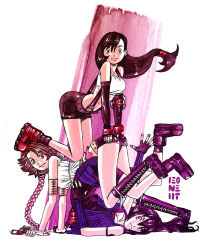 00s 1990s_(style) 3girls all_fours artist_request bare_shoulders boots braid crop_top crossover final_fantasy final_fantasy_vii final_fantasy_viii final_fantasy_x fingerless_gloves gloves lace-up_boots long_hair looking_at_viewer looking_to_the_side low-tied_long_hair midriff miniskirt multiple_crossover multiple_girls retro_artstyle rinoa_heartilly shirt short_shorts shorts simple_background skirt sleeveless sleeveless_shirt stacked_girls staring suspender_skirt suspenders tank_top tifa_lockhart upside-down white_background white_shirt white_tank_top yuna