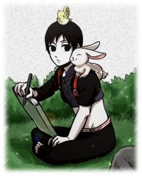1boy bird black_eyes black_hair rabbit full_body kamoi_hayato male_focus naruto_(series) naruto_shippuuden nature outdoors sai sitting solo