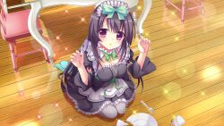 1girl accident alternate_costume aqua_bow black_dress black_hair black_skirt black_sleeves bow bowtie breasts broken_plate chair clumsy cup detached_sleeves dot_nose dress enmaided film_grain fork frilled_dress frills from_above game_cg green_bow grey_pantyhose hair_bow ichikishima_mizuha izumi_tsubasu kneeling lens_flare long_hair maid maid_headdress medium_breasts neck_garter non-web_source official_art open_mouth pantyhose plate purple_eyes re:stage! reflection reflective_floor seiza shiny_floor sitting skirt solo sparkle straight_hair table teacup very_long_hair wooden_chair wooden_floor wooden_table