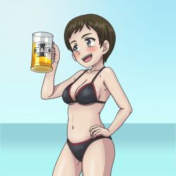 Rule 34 | 1girl, alcohol, beer, beer mug, bikini, black bikini, breasts, brown hair, cleavage, commentary request, cross, cup, emblem, girls und panzer, grey eyes, hand on own hip, horizon, iron cross, kkonmulbeom nyomy, kojima emi, kuromorimine (emblem), medium breasts, mug, ocean, red trim, short hair, solo, swimsuit, upper body