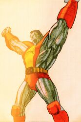1boy absurdres angry arms_up belt bengus black_hair bodysuit boots capcom clenched_hands colossus_(x-men) facing_to_the_side from_below game_cg highres knee_pads male_focus marvel marvel_vs._capcom marvel_vs._capcom_2 metal_skin muscular muscular_male no_pupils non-web_source official_art open_mouth red_boots scan short_hair sidelighting solo superhero_costume teeth x-men