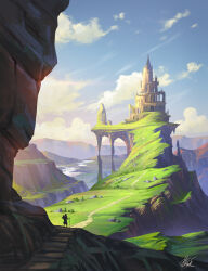 1boy blue_sky castle chinnkun cliff cloud day dirt_road facing_away grass highres hill mountainous_horizon original painterly river road scenery signature sky sunlight