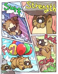 anger_vein balloon bidoof climbing cloud commentary_request fly_(pokemon) flying gen_4_pokemon highres kotobukkii_(yt_lvlv) nintendo no_humans pokemon pokemon_(creature) pokemon_focus rock rock_climb_(pokemon) sky sleeping speech_bubble strength_(pokemon) strong surf_(pokemon) surfboard thought_bubble water waves