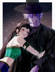 Rule 34 | 1boy, 1girl, black hanbok, brown hair, closed mouth, demon boy, gat (hat), gatkkeun, green tube top, hanbok, hat, hetero, highres, hug, jia 06, korean clothes, kpop demon hunters, mystery (kpop demon hunter), purple hair, red eyes, smile, strapless, tube top, yellow eyes, zoey (kpop demon hunters)