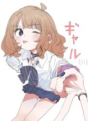 1girl absurdres ahoge black_choker blue_bow blue_bowtie blue_eyes blue_skirt blush bow bowtie brown_hair checkered_clothes checkered_skirt choker commentary concept_gyarus_(idolmaster) eyelashes flat_chest gyaru gyaru_v heart heart_choker highres idolmaster idolmaster_million_live! idolmaster_million_live!_theater_days jewelry legs long_sleeves looking_at_viewer medium_hair meeeeeeco359 official_alternate_costume one_eye_closed purple_scrunchie ring school_uniform scrunchie shirt sidelocks skirt solo striped_bow striped_bowtie striped_clothes suou_momoko thighs tongue tongue_out v wavy_hair white_background white_shirt wrist_scrunchie