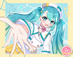 1girl 39 absurdres aqua_eyes aqua_hair aqua_nails beret blush bow bowtie cropped_jacket hair_between_eyes hair_ornament hat hatsune_miku highres jacket long_hair long_sleeves looking_at_viewer magical_mirai_(vocaloid) magical_mirai_miku magical_mirai_miku_(2024) midriff number_earrings pink_bow pink_bowtie pink_nails pleated_skirt reaching reaching_towards_viewer shibatto48110 skirt smile solo twintails very_long_hair vocaloid white_jacket yellow_skirt