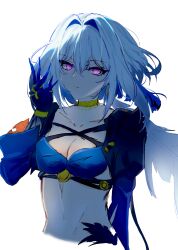 1girl absurdres blue_bra blue_jacket blue_nails bra breasts cleavage collarbone commentary criss-cross_straps cropped_jacket cropped_torso earrings feather_hair galbrena_(wuthering_waves) gold_choker grey_hair hair_between_eyes hair_intakes highres jacket jewelry long_hair looking_at_viewer medium_breasts obyake purple_eyes simple_background solo stomach underwear very_long_fingernails white_background wuthering_waves
