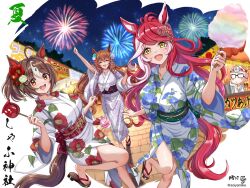 3girls ahoge alternate_costume animal_ears arm_up blush breasts brown_eyes brown_hair collarbone festival fireworks flower gran_alegria_(umamusume) hair_between_eyes hair_flower hair_ornament highres japanese_clothes kimono large_breasts long_hair looking_at_viewer loves_only_you_(umamusume) maruzensky_(umamusume) mole mole_on_neck multiple_girls open_mouth thighs tsukiyuki_mike umamusume yellow_eyes yukata