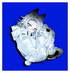 1boy absurdres ac_warlock animal_ears aotsuki_eito black_gloves black_shoes blue_background border curled_up glasses gloves grey_hair highres jacket kemonomimi_mode looking_at_viewer male_focus pants purple_eyes rabbit_boy rabbit_ears rabbit_tail shoes short_hair simple_background solo tail the_hundred_line_-last_defense_academy- white_border white_jacket white_pants