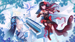 2girls alternate_color blue_eyes blue_flower blue_hair breasts cleavage closed_mouth deer dress dual_persona flower hair_flower hair_ornament high_heels highres honkai_(series) honkai_impact_3rd instrument large_breasts long_hair marina_mag multiple_girls one_eye_closed piano red_dress red_eyes red_flower red_hair red_sleeves red_thighhighs seele_(alter_ego) seele_vollerei seele_vollerei_(herrscher_of_rebirth) single_sleeve single_thighhigh sitting smile thighhighs very_long_hair violin white_dress white_sleeves