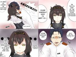 1boy 1girl 4koma admiral_(kancolle) akizuki_(kancolle) akizuki_(kancolle)_(cosplay) alternate_hairstyle anchor_symbol black_hair brown_hair comic cosplay denial djloops english_text engrish_text epaulettes eyebrows fate/zero fate_(series) hair_between_eyes hairband hairstyle_switch hatsuzuki_(kancolle) hetero hug kantai_collection long_sleeves open_mouth parody ranguage short_hair simple_background speech_bubble surprised translated wall-eyed yellow_eyes