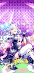1girl :d ;d absurdres ahoge balloon bare_shoulders black_dress black_gloves black_panties blush boots braid breasts bubble center_opening choker cleavage covered_erect_nipples dress earrings feather_boa floating_hair fur_collar fur_trim garter_straps giuniu gloves hair_between_eyes hair_ornament heart high_heels highres idol jewelry knee_boots large_breasts long_hair looking_at_viewer microphone multicolored_hair music musical_note navel necklace one_eye_closed open_mouth panties queen_mary_(uchihime) singing sleeveless smile solo sparkle stage stage_lights streaked_hair thigh_boots thighhighs thighs uchi_no_hime-sama_ga_ichiban_kawaii underboob underwear very_long_hair wavy_hair white_gloves yellow_eyes