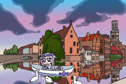 1girl 1other belfry_of_bruges belgium bell_tower bing_huyue bird bird_feeding blush_stickers boat bridge bruges building canal commentary duck english_commentary gem gem_hair_ornament hair_flaps hand_jewel highres hololive hololive_english koseki_bijou koseki_bijou_(1st_costume) long_hair pebble_(koseki_bijou) purple_eyes purple_gemstone purple_hair real_world_location reflection reflective_water tree virtual_youtuber watercraft