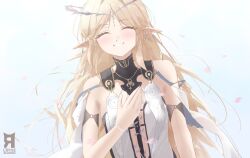 1girl artist_logo bare_shoulders black_collar blonde_hair breasts cartethyia_(wuthering_waves) closed_eyes collar commentary crown_of_thorns cryne earrings facing_viewer hand_on_own_chest highres jewelry light_blush logo long_hair looking_at_viewer making-of_available parted_lips pointy_ears small_breasts smile solo tabard tacet_mark_(wuthering_waves) upper_body very_long_hair white_tabard wuthering_waves