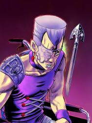 1boy arrow_(jojo) arrow_(projectile) asymmetrical_clothes choker earrings eyepatch flattop highres jean_pierre_polnareff jewelry jojo_no_kimyou_na_bouken keiimajima02 lipstick makeup male_focus purple_eyes purple_hair scar scar_across_eye scar_on_face shoulder_pads silver_lips sitting solo upper_body vento_aureo wheelchair widow&#039;s_peak wristband
