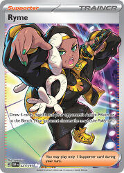 arm_up artist_name backwards_hat black_dress black_hat black_jacket black_pantyhose breasts card_(medium) character_name company_name copyright_name copyright_notice dark-skinned_female dark_skin dress english_text eyeshadow gold_necklace green_eyes green_nails hat holding holding_microphone jacket jewelry lipstick long_hair long_sleeves makeup mature_female microphone nagimiso nail_polish necklace nintendo official_art open_clothes open_jacket pantyhose pokemon pokemon_card pokemon_sv pokemon_tcg ryme_(pokemon) shoes solo stage_lights standing third-party_source trading_card white_hair yellow_eyeshadow yellow_lips yellow_shoes