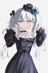 1girl bare_shoulders black_choker black_dress black_hat blue_flower blue_rose center_frills choker closed_mouth collarbone detached_sleeves doll_joints dress expressionless flower frilled_dress frilled_sleeves frills hair_flower hair_ornament hair_ribbon hands_up hat joints long_hair looking_at_viewer orchis red_eyes ribbon rose shadowverse shadowverse:_worlds_beyond simple_background solo strapless strapless_dress takasu_ponu top_hat twintails white_background white_hair