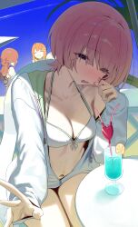 3girls ^_^ absurdres arimura_mao bikini bikini_under_clothes blush breasts brown_hair cleavage closed_eyes collarbone drink embarrassed fingernails front-tie_bikini_top front-tie_top gakuen_idolmaster halterneck highres himesaki_rinami idolmaster jacket kimi_to_semi_blue_(idolmaster) looking_at_viewer medium_breasts multiple_girls navel nose_blush official_alternate_costume orange_hair outdoors pink_hair shiun_sumika sitting swimsuit syhan thighs two-sided_fabric two-sided_jacket white_bikini white_jacket