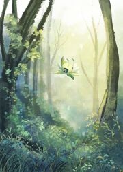 Rule 34 | 1girl, antennae, blue eyes, celebi, day, flying, forest, full body, gen 2 pokemon, grass, highres, legendary pokemon, looking to the side, mythical pokemon, nature, nintendo, no humans, outdoors, plant, pokemon, pokemon (creature), solo, tree, volpecorvo, wings