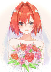 Rule 34 | 1girl, alternate costume, ange katrina, ayuko ammobium, bare shoulders, blue eyes, blush, bouquet, bridal veil, bride, collarbone, commentary request, dot nose, flower, gradient background, hair between eyes, hair intakes, highres, holding, holding bouquet, looking at viewer, nijisanji, open mouth, pink flower, radial gradient background, red flower, red hair, short hair, simple background, smile, solo, straight-on, teeth, upper body, upper teeth only, veil, virtual youtuber, white flower, white veil, yellow background