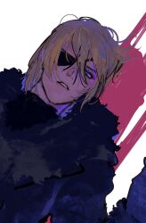Rule 34 | 1boy, black fur, black shirt, blonde hair, blue eyes, commentary, dimitri alexandre blaiddyd, dimitri alexandre blaiddyd (timeskip), dutch angle, eyepatch, fire emblem, fire emblem: three houses, hair between eyes, highres, looking down, male focus, nintendo, one eye covered, parted lips, sevenney, shirt, solo, teeth, upper body