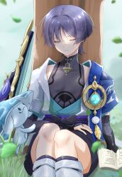 Rule 34 | 1boy, against tree, anemo symbol (genshin impact), aranara (genshin impact), ararycan (genshin impact), arm at side, armor, belt, black belt, black bodysuit, black bow, black bridal gauntlets, black leggings, black shorts, blue cape, blue hat, blue kimono, blue sleeves, blunt ends, bodysuit, bow, bridal gauntlets, cape, closed eyes, creature, eyelashes, eyeliner, eyeshadow, falling leaves, feathers, fingernails, foreshortening, furisode, genshin impact, gold, grass, grey hair, hand on own thigh, hat, highres, japanese armor, japanese clothes, jingasa, juban, kimono, kote, kurokote, layered sleeves, leaf, leg warmers, leggings, makeup, male focus, mandarin collar, middle ring, open clothes, open kimono, parted lips, pom pom (clothes), purinigax, purple sash, red eyeliner, red eyeshadow, sash, scaramouche (genshin impact), short sleeves, shorts, shoulder peek, sitting, solo, tree, unworn hat, unworn headwear, wanderer (genshin impact), white kimono, white leg warmers, white mouth, white sleeves, white trim, wispy bangs, yellow feathers