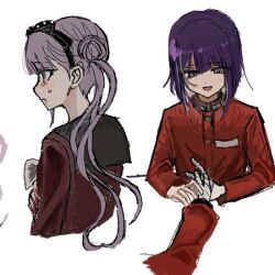 bandaged_hand bandages blush brother_and_sister long_hair long_sleeves open_mouth pink_eyes pink_hair purple_hair siblings simple_background sweat sweatdrop the_hundred_line_-last_defense_academy- tsukumo_ima tsukumo_kako twins upper_body white_background