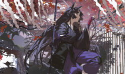 1girl absurdres arknights beads black_hair black_kimono blunt_sidelocks fingerless_gloves from_side gloves highres holding holding_pole holding_string japanese_clothes kimono knee_pads looking_ahead open_mouth pants parted_bangs pole prayer_beads purple_gloves purple_pants qtian saga_(arknights) shirt sidelocks solo string white_shirt wristband yellow_eyes