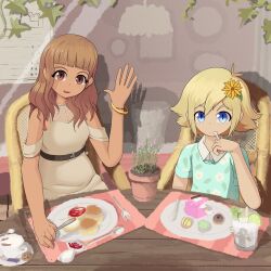 Rule 34 | 1boy, 1girl, absurdres, basil (faraway) (omori), basil (omori), blonde hair, blue eyes, brown hair, colored skin, dark-skinned female, dark skin, eating, elecmaw, flower, hair flower, hair ornament, highres, plant, polly (omori), rottenmelons, white skin