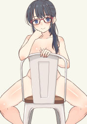 black_hair blue_eyes casual_nudity chair_censor completely_nude convenient_censoring daipunch glasses hand_on_own_face long_hair nude smile