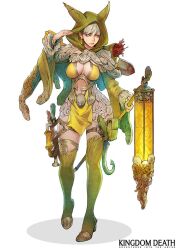 Rule 34 | 1girl, animal ears, breasts, cleavage, closed mouth, clothing cutout, copyright name, dress, earrings, eyeliner, full body, hood, jacket, jewelry, kingdom death, large breasts, lokman lam, makeup, navel cutout, open clothes, open jacket, red eyeliner, simple background, solo, white background, yellow dress