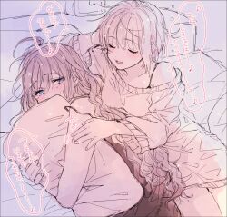 2girls amane_(7783) blush camisole closed_eyes commentary_request highres holding_own_arm hugging_object ichinose_shiki idolmaster idolmaster_cinderella_girls long_hair miyamoto_frederica multiple_girls off_shoulder on_bed open_mouth pillow pillow_hug purple_eyes short_hair smile speech_bubble strap_slip translation_request yuri