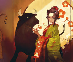 1girl absurdres animal_ears blue_eyes brown_hair bull chinese_zodiac commentary cow_ears cow_horns facial_mark flower forehead_mark green_kimono hair_bun hair_flower hair_ornament highres holding holding_smoking_pipe horns indoors japanese_clothes kimono long_sleeves looking_at_viewer mole mole_under_mouth nail_polish nicporim original red_flower red_kimono red_nails single_hair_bun smoking_pipe solo year_of_the_ox