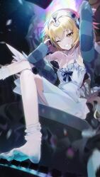 absurdres angel bow dress fate/grand_order fate_(series) headphones highres jeanne_d&#039;arc_(fate) legs metatron_jeanne_(fate) metatron_jeanne_(second_ascension)_(fate) rilu_(riumuowo) smile socks sweater white_dress white_socks wings yellow_eyes