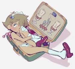 1boy anal_beads apron bikini blue_bow bottle bow brown_hair butt_plug cleft_of_venus condom cuntboy glass_bottle gloves hair_bow leg_hold looking_at_viewer luke_triton maid maid_apron maid_bikini professor_layton pussy sex_toy shoe_dangle shoes shota socks solo swimsuit tnso unconventional_maid white_gloves wine_bottle