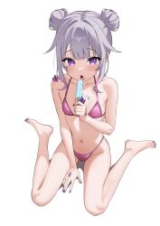1girl absurdres alternate_costume alternate_hairstyle barefoot bikini center-flap_bangs chest_jewel double-parted_bangs double_bun eating food food_on_face full_body gem gradient_hair hair_bun hair_flaps halterneck hand_jewel highleg highleg_bikini highres holding holding_food holding_popsicle hololive hololive_english jewel_under_eye koseki_bijou loli looking_at_viewer multicolored_hair navel open_mouth pink_bikini pink_hair popsicle purple_eyes purple_gemstone purple_hair raikkonen sidelocks simple_background sitting solo swimsuit virtual_youtuber wariza white_background