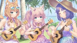 3girls :o animal_ear_fluff animal_ears arm_strap beach bell blush bracelet breasts cat_ears cat_girl cat_tail cinnamon_(nekopara) cleavage closed_eyes day dress eyewear_on_head fraise_(nekopara) game_cg grass green_eyes hat highres instrument jewelry large_breasts looking_at_object looking_at_viewer maple_(nekopara) medium_breasts multicolored_dress multiple_girls music nail_polish neck_bell nekopara non-web_source ocean official_art orange_hair orange_tail outdoors palm_tree pink_hair pink_tail playing_instrument ponytail purple_hair sayori_(neko_works) short_hair small_breasts smile sundress sunglasses tail tree ukulele
