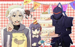 1girl 2boys ahoge apron armor azumakuro berserker_(fate/zero) bug child command_spell crest_worm dress fate/zero fate_(series) full_armor hat hood hoodie knight matou_kariya matou_sakura matou_sakura_(fate/zero) multiple_boys party_favor party_hat purple_eyes purple_hair white_hair