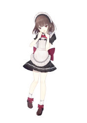 1girl :d absurdres apron back_bow black_bow black_shirt black_skirt bow bowtie brown_hair brown_shoes foot_up footwear_bow frilled_apron frilled_skirt frilled_sleeves frilled_socks frills full_body hands_up highres loafers looking_at_viewer maid maid_apron maid_headdress miniskirt open_mouth original petticoat pleated_skirt puffy_short_sleeves puffy_sleeves red_bow red_bowtie red_eyes riuichi shirt shoes short_hair short_sleeves simple_background single_sidelock skirt skirt_set smile socks solo standing standing_on_one_leg teeth upper_teeth_only white_apron white_background white_socks